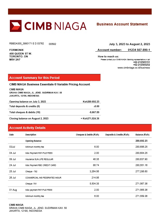 Modèle Word et PDF de relevé de compte courant d'entreprise CIMB Niaga Bank